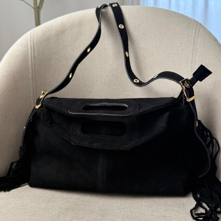 sac à bandoulière noir à franges en cuir