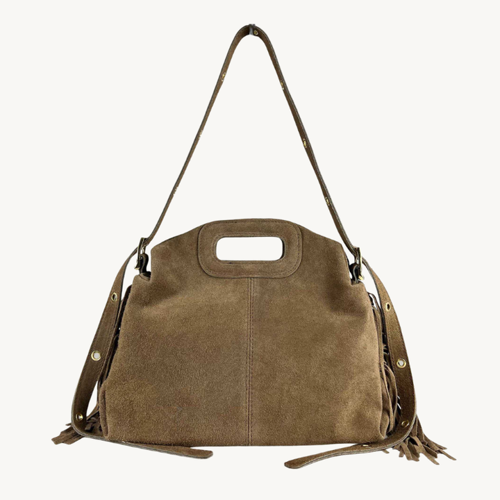 sac à bandoulière taupe à franges en cuir