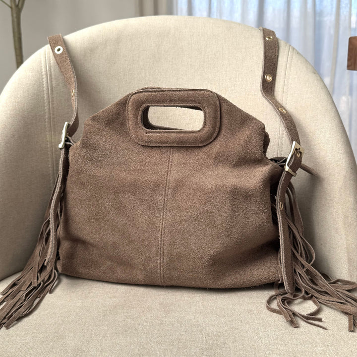 sac à bandoulière taupe à franges en cuir suède