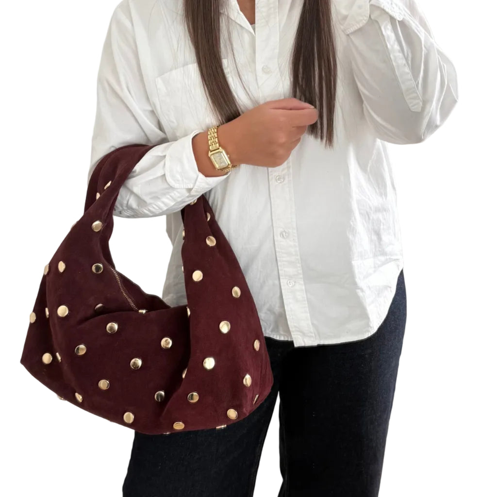 sac a main bordeaux en daim et sequins dores made in italy