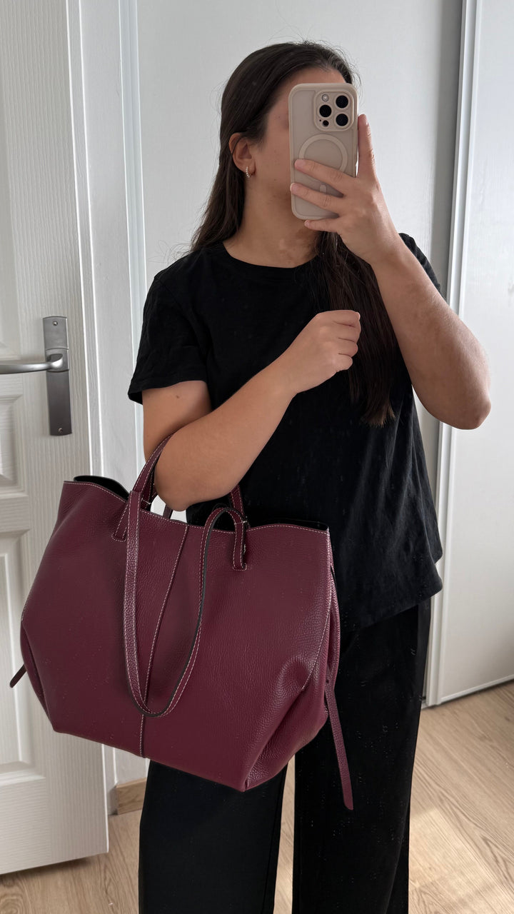 sac cabas en cuir bordeaux made in italy inspiration Polène