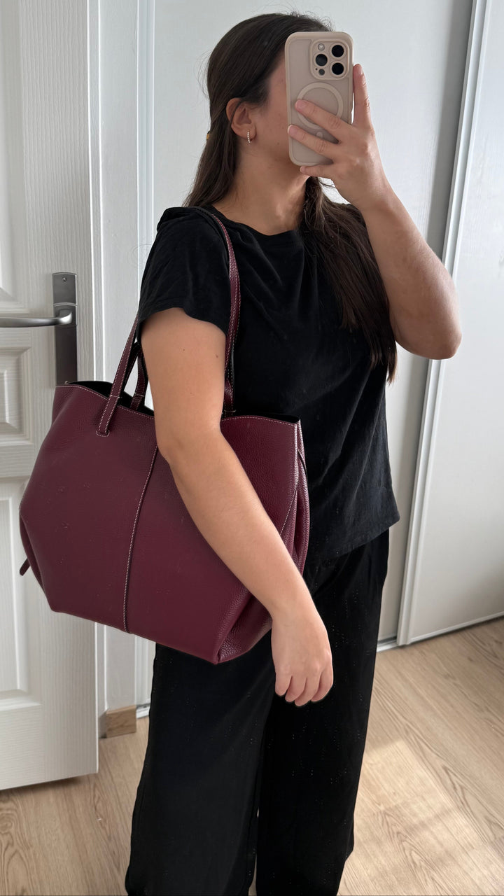 sac cabas bordeaux en cuir made in Italy