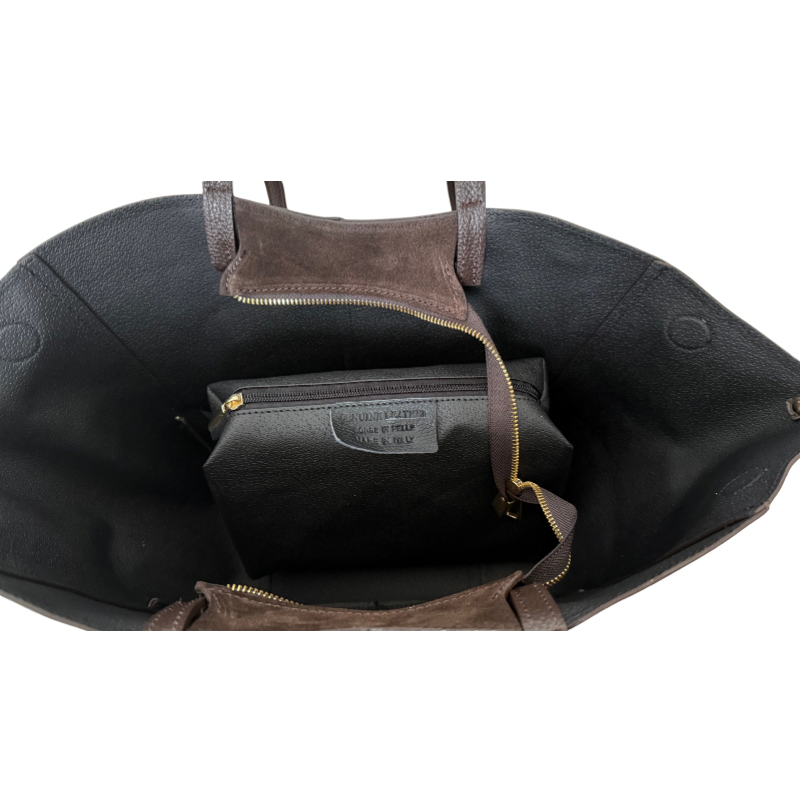 sac cabas marron foncé en daim double anses made in italy - Fiorella