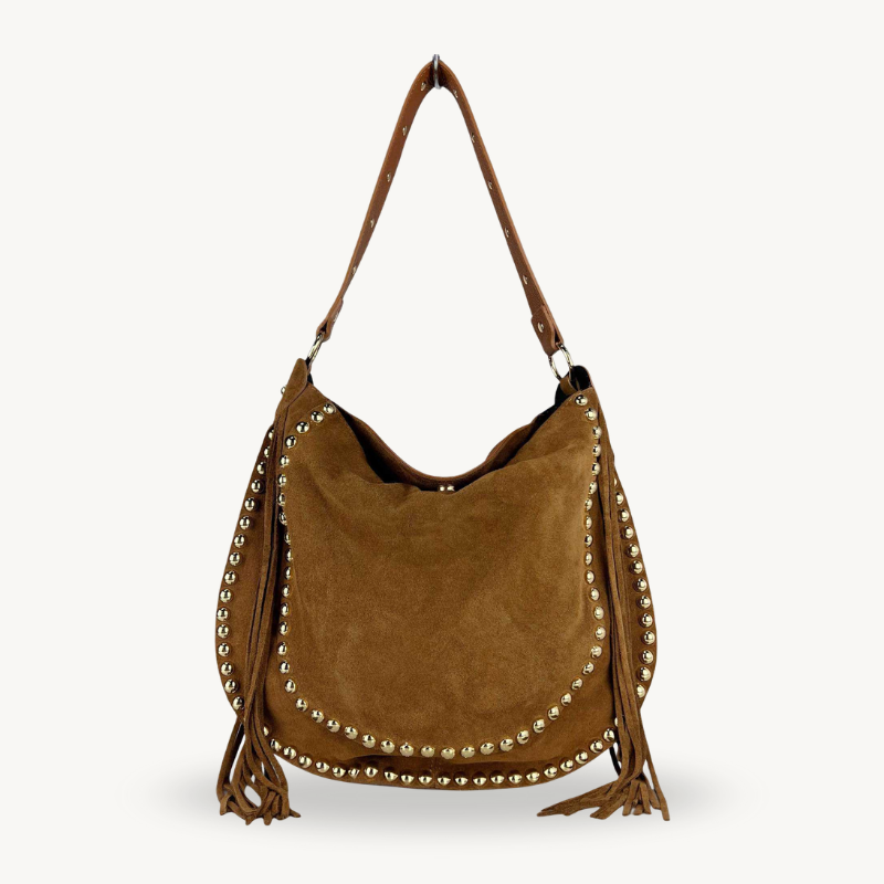 sac épaule camel en daim à franges et clous dorés made in italy - Fiorella