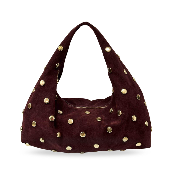 sac epaule bordeaux en daim a sequins dorés made in italy