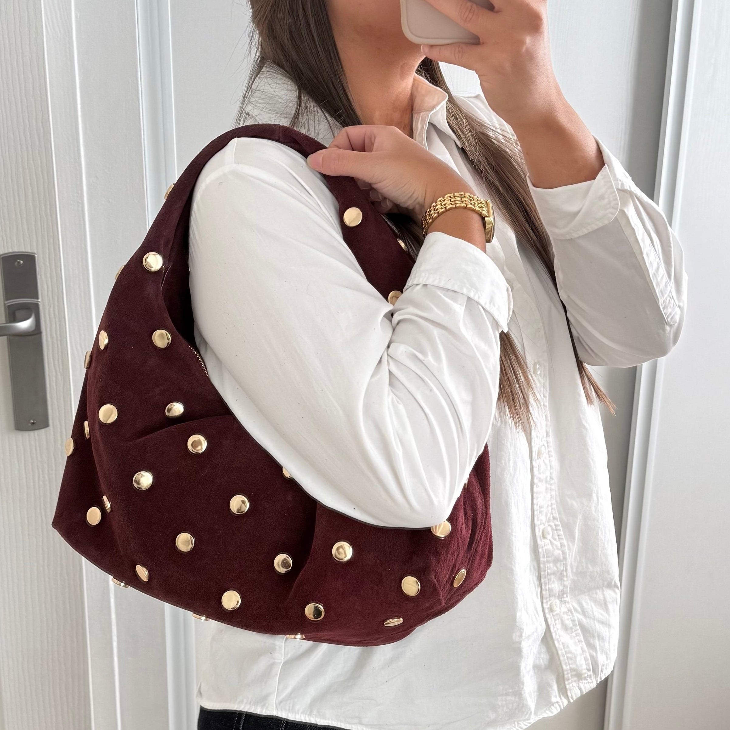 sac a main bordeaux en daim et sequins dores made in italy