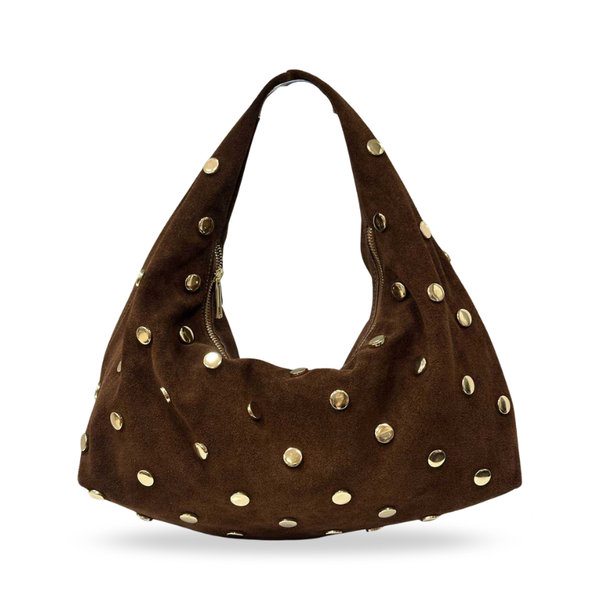 sac epaule marron en daim a sequins dores