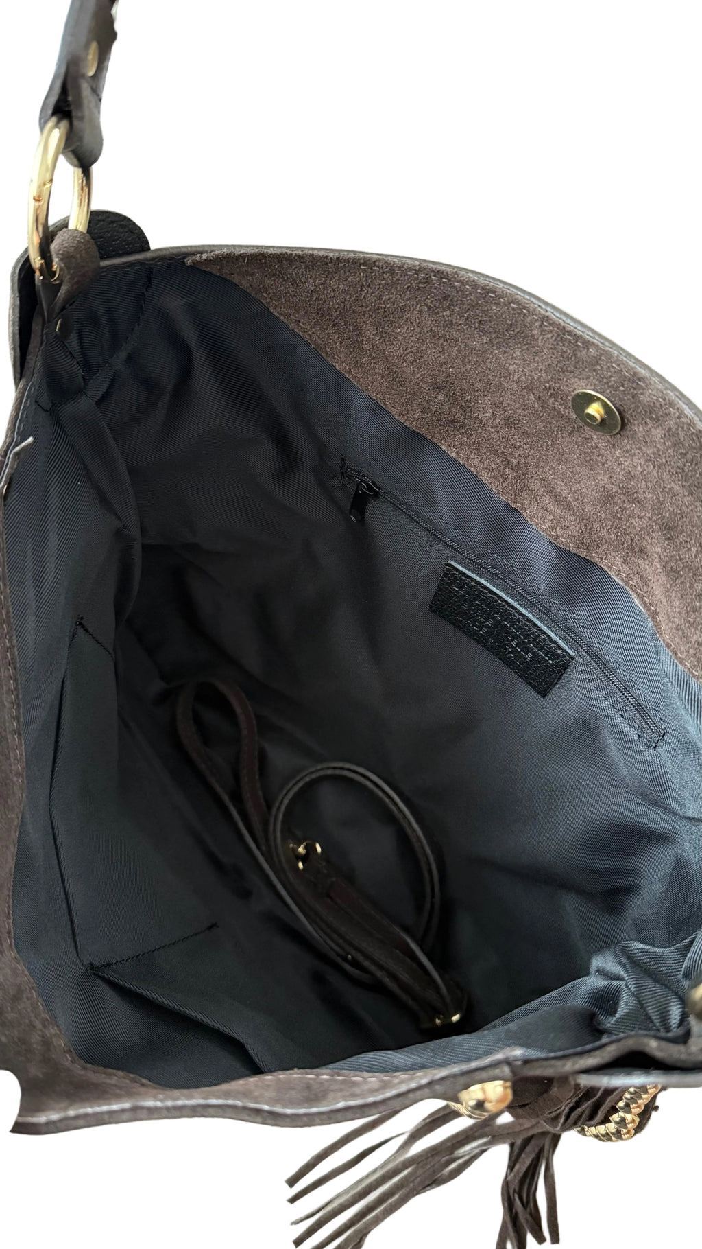 sac épaule marron foncé en daim à franges et clous dorés made in italy - Fiorella