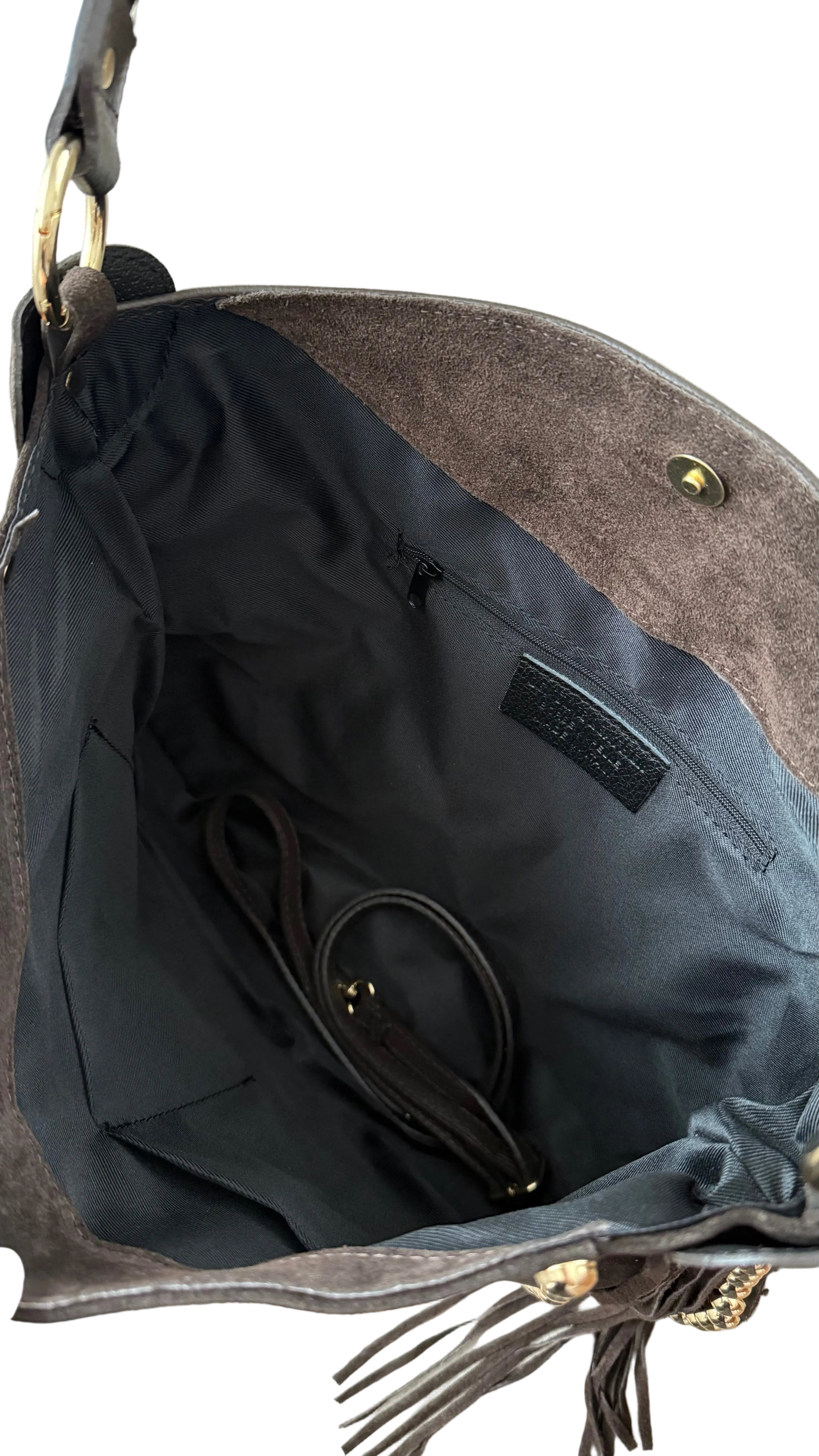sac épaule marron foncé en daim à franges et clous dorés made in italy - Fiorella