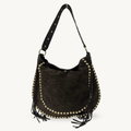 sac épaule marron foncé en daim à franges et clous dorés made in italy - Fiorella
