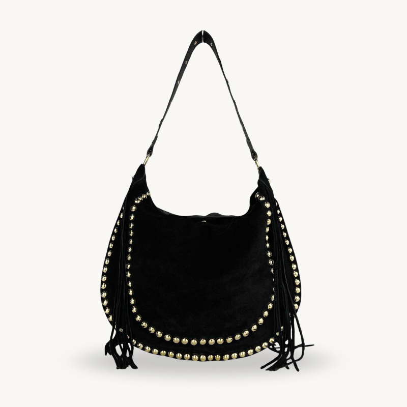 sac épaule noir en daim à franges et clous dorés made in italy - Fiorella