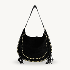 sac épaule noir en daim à franges et clous dorés made in italy - Fiorella