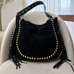 sac épaule noir en daim à franges et clous dorés made in italy - Fiorella