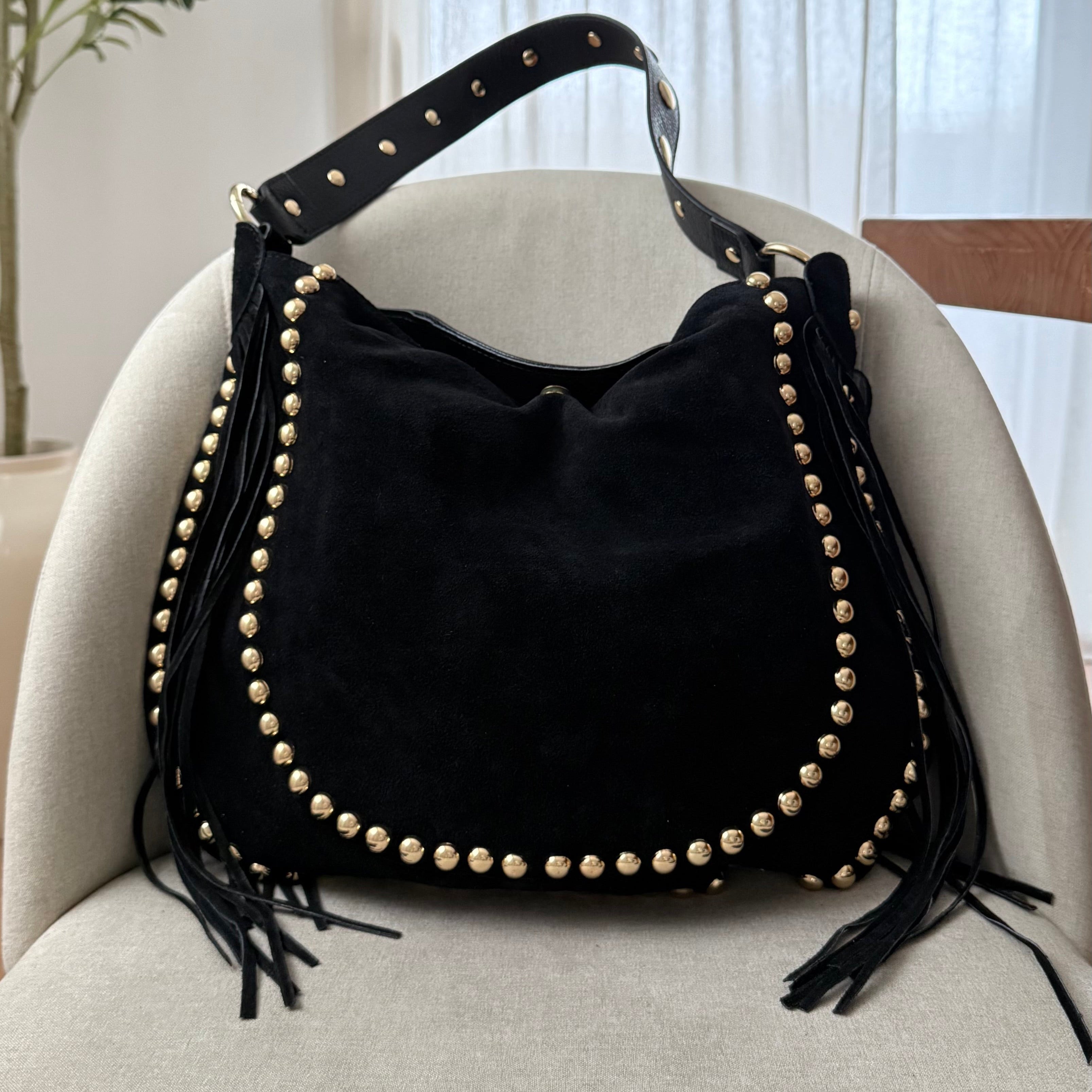 sac épaule noir en daim à franges et clous dorés made in italy - Fiorella