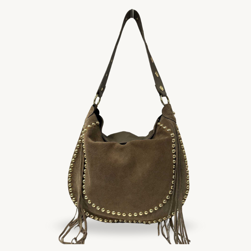 sac épaule taupe en daim à franges et clous dorés made in italy - Fiorella